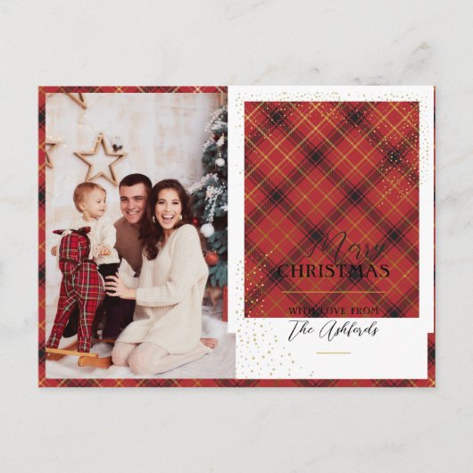 Aangepaste Elegante Rood & Goud Plaid Rendier & Fo Feestdagenkaart (Voorkant)