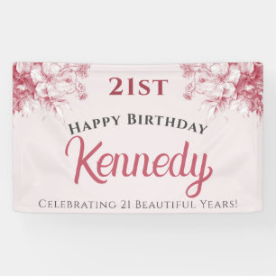 Aangepaste Elegante Roze Bloemige 21e Verjaardag Spandoek