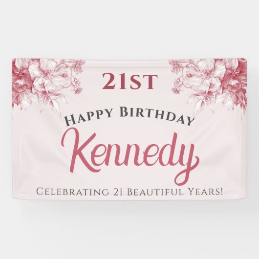 Aangepaste Elegante Roze Bloemige 21e Verjaardag Spandoek (Horizontaal)