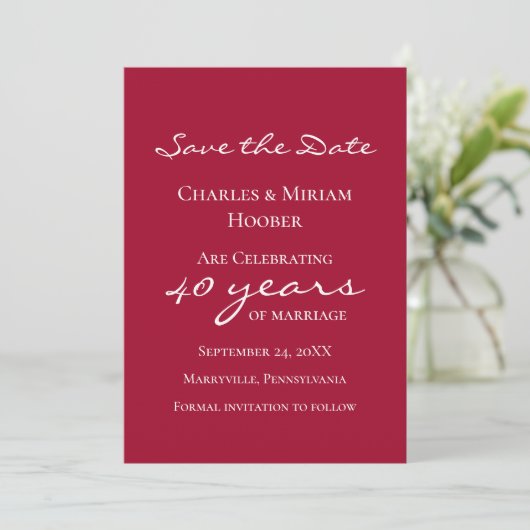 Aangepaste Elegante Ruby 40e bruiloft Jubileum Par Save The Date (Staand voorkant)