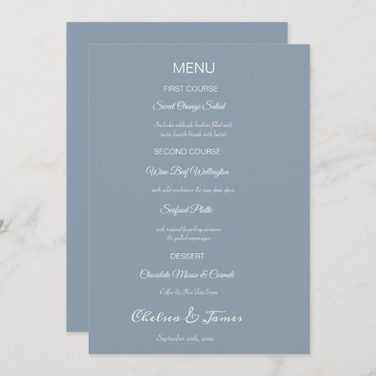 Aangepaste Elegante Stoffige Blauwe Kalligrafie Br Menu (Voorkant / Achterkant)