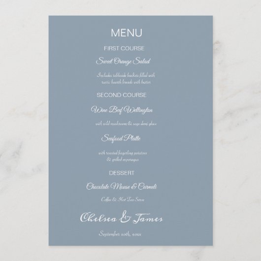 Aangepaste Elegante Stoffige Blauwe Kalligrafie Br Menu (Voorkant)