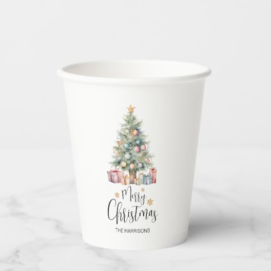 Aangepaste Elegante Waterverf Kerstboom Papieren Bekers (Voorkant)