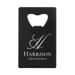 Aangepaste Elegante Zwarte Witte Monogram Naam Bru Creditkaart Flessenopener