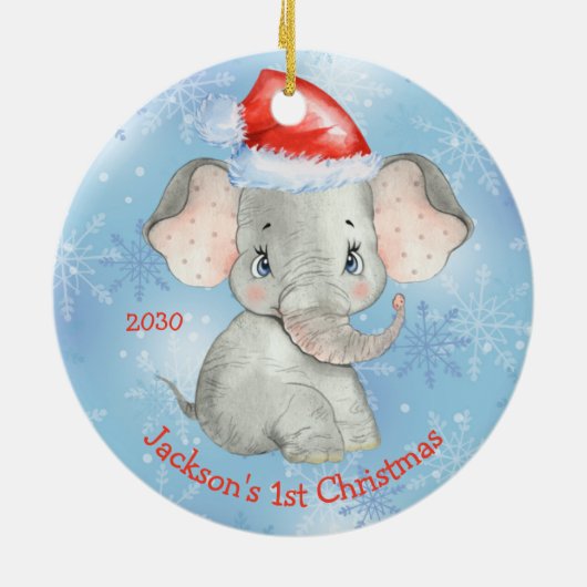 Aangepaste Elephant 1-e Kerstbaby Boy Keramisch Ornament (Achterkant)