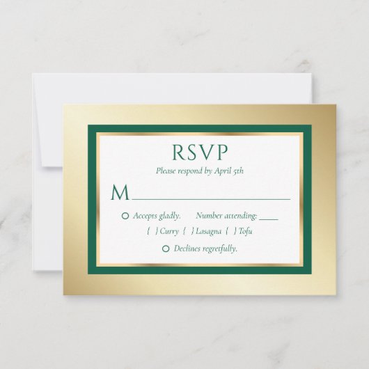 Aangepaste Emerald Green en Gold Wedding RSVP Kaar (Voorkant)