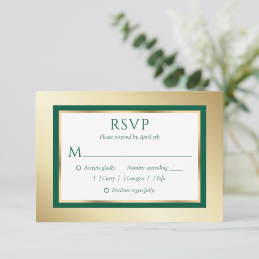 Aangepaste Emerald Green en Gold Wedding RSVP Kaar (Staand voorkant)