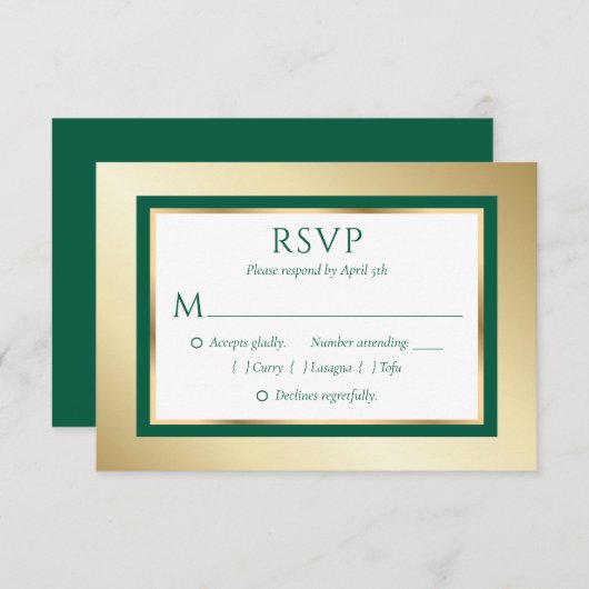 Aangepaste Emerald Green en Gold Wedding RSVP Kaar (Voorkant / Achterkant)