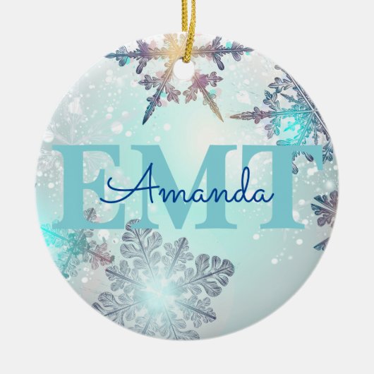 Aangepaste EMT Ice Blue Snowflake Keramisch Ornament (Voorkant)