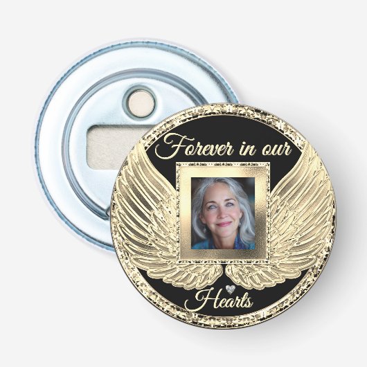 Aangepaste engelenvleugels met foto ter nagedachte button flesopener (Voorkant)