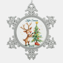 Aangepaste enkele rendier en kerstboom tin sneeuwvlok ornament