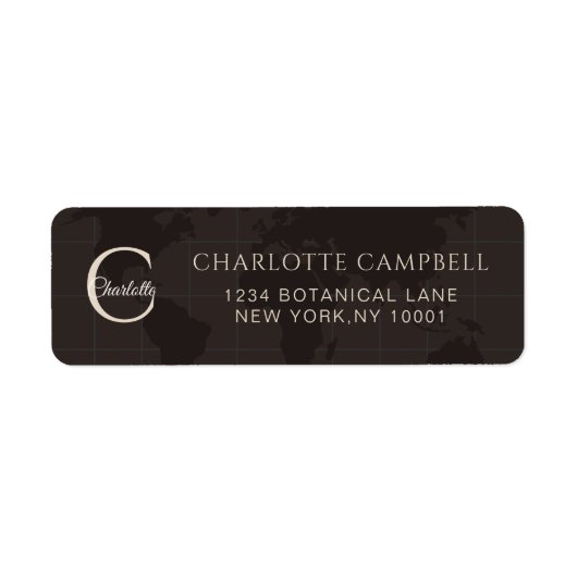 Aangepaste Espresso Wereldkaart Monogram Naam Luxe Etiket (Voorkant)
