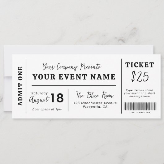 Aangepaste evenemententicket, Concert Fake Ticket, Kaart (Voorkant)