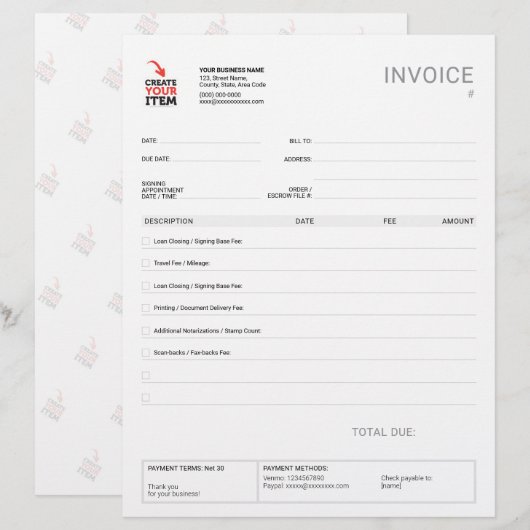 Aangepaste factuursjabloon checklist voor mobiele briefhoofd (Voorkant / Achterkant)