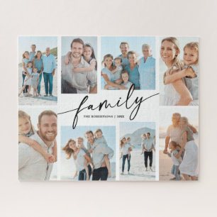 Aangepaste familie 8 foto collage moderne script legpuzzel