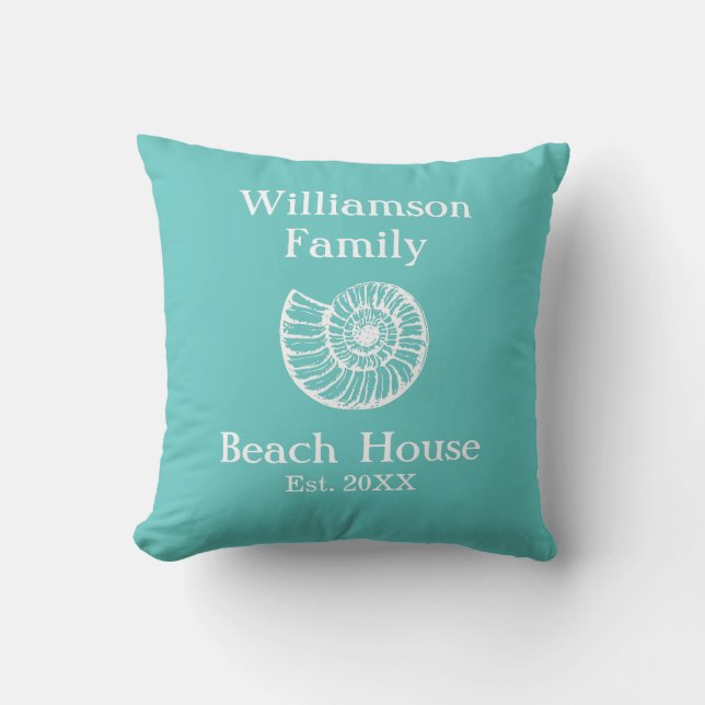 Aangepaste familie Beach House Shell Turquoise Kussen (Voorkant)
