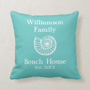 Aangepaste familie Beach House Shell Turquoise Kussen