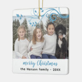 Aangepaste Familie Blauw Loof Kerstmis Foto Keramisch Ornament (Links)