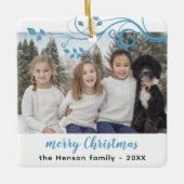 Aangepaste Familie Blauw Loof Kerstmis Foto Keramisch Ornament (Voorkant)
