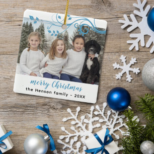 Aangepaste Familie Blauw Loof Kerstmis Foto Keramisch Ornament