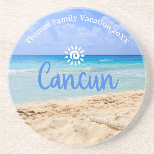 Aangepaste familie Cancun Beach Vakantie Zandsteen Onderzetter (Voorkant)