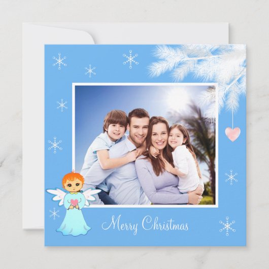 Aangepaste familie en engel op lichtblauwe kerstka (Voorkant)