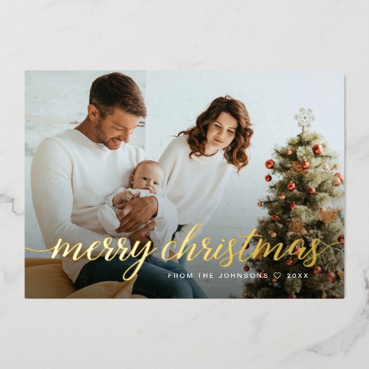 Aangepaste Familie Foto Gouden Folie Vrolijk Kerst Folie Feestdagenkaart (Voorkant)