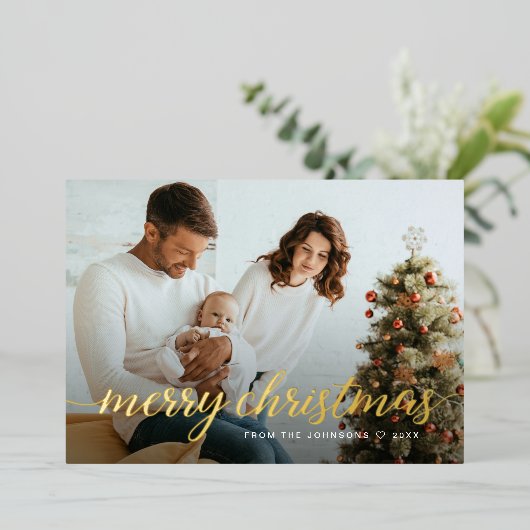 Aangepaste Familie Foto Gouden Folie Vrolijk Kerst Folie Feestdagenkaart (Staand Voorkant)
