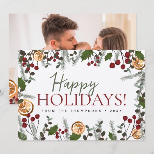 Aangepaste familie foto holly sinaasappel Prettige Feestdagenkaart (Voorkant / Achterkant)