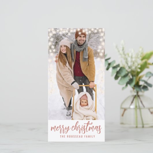 Aangepaste familie foto wintersneeuwblaaslicht feestdagenkaart (Staand voorkant)