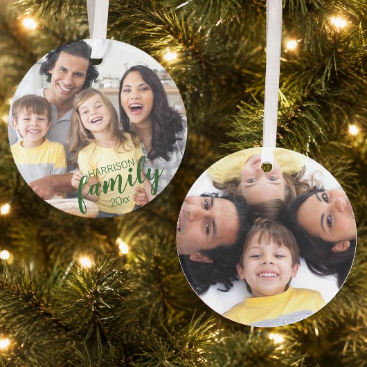 Aangepaste FAMILIE Groene Script 2 Foto Aandenken Ornament