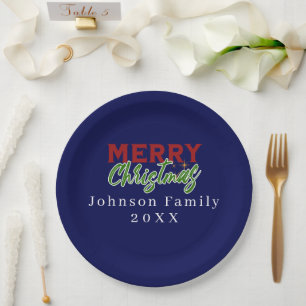 Aangepaste familie kerst blauw papier Bord