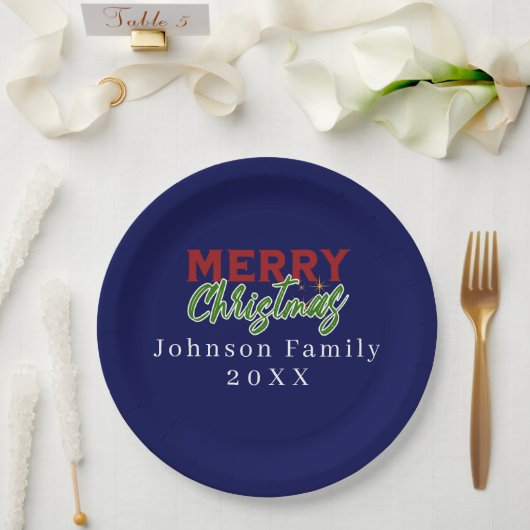 Aangepaste familie kerst blauw papier Bord (Huwelijk)