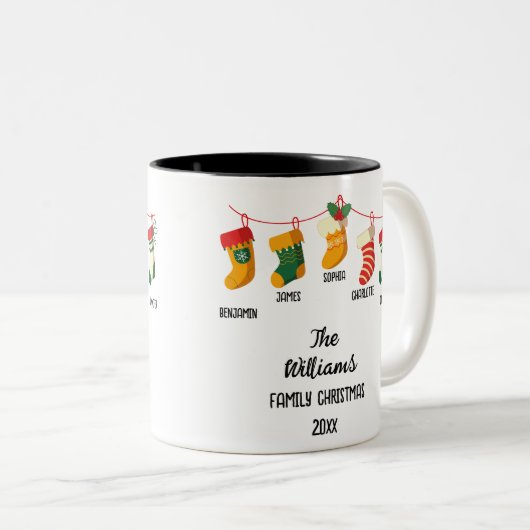 Aangepaste familie kerstkousen 5 namen tweekleurige koffiemok (Voorkant rechts)