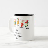 Aangepaste familie kerstkousen 5 namen tweekleurige koffiemok (Voorkant links)