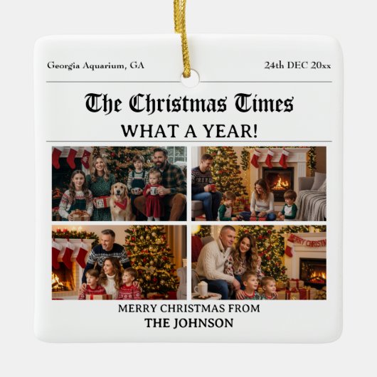 Aangepaste Familie Kerstkrant Fotocollage Keramisch Ornament (Voorkant)