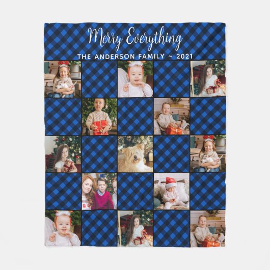 Aangepaste Familie Vakantie Blauwe Patchwork Plakk Fleece Deken (Voorkant)