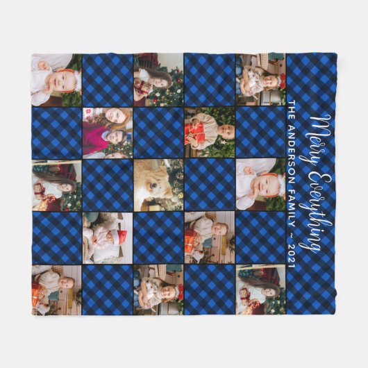 Aangepaste Familie Vakantie Blauwe Patchwork Plakk Fleece Deken (Voorkant (Horizontaal))