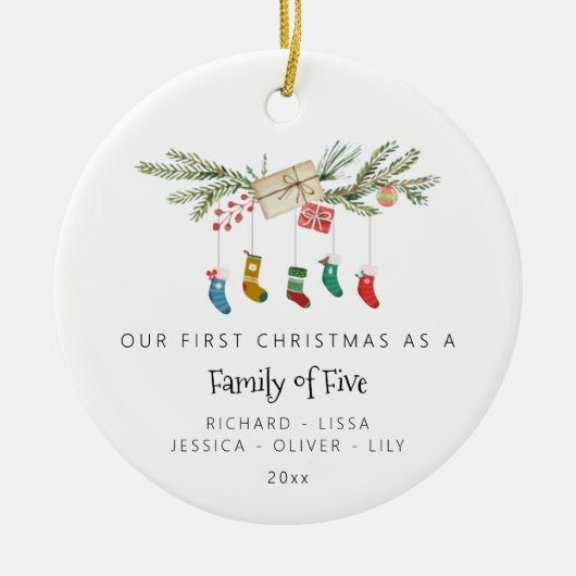 Aangepaste familie van vijf Holly kousen Kerstmis Keramisch Ornament (Voorkant)