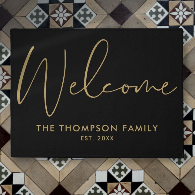 Aangepaste familie zwart en goud welkom deurmat (Custom Family Black And Gold Welcome Doormat)
