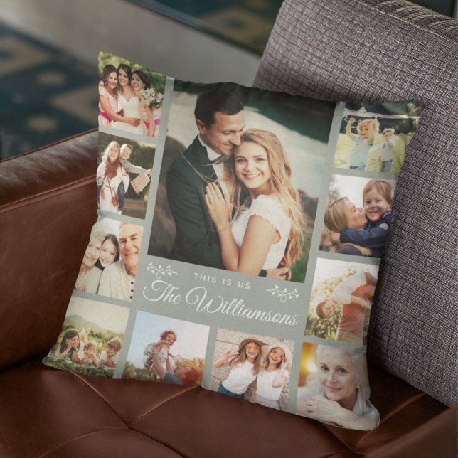 Aangepaste familiefoto collage Modern Dusty Green Kussen (Cuddle up to memories! Our custom family photo pillow in modern dusty green.)