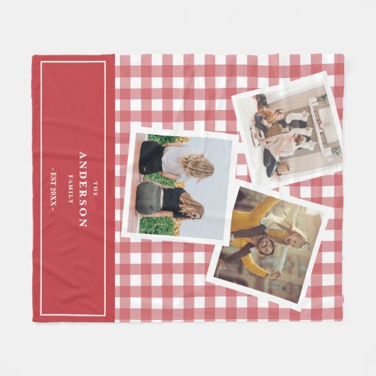 Aangepaste familiefoto collage Red Gingham Fleece Deken (Voorkant (Horizontaal))