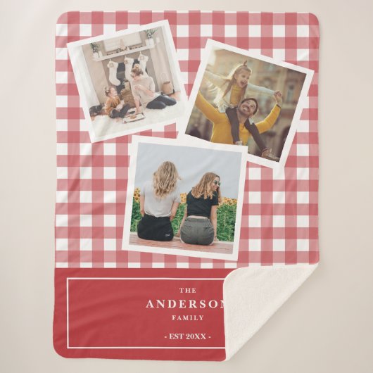 Aangepaste familiefoto collage Red Gingham Sherpa Deken (Voorkant)