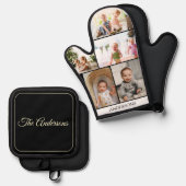 Aangepaste familiefoto collage zwart ovenwant & pannenlap set (Voorkant / Achterkant)