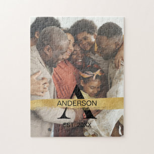 Aangepaste familiefoto gouden monogram naam person legpuzzel