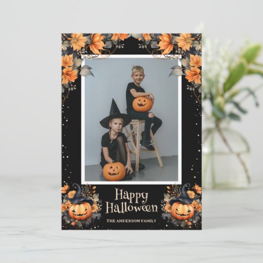 Aangepaste familiefoto Happy Halloween Kaart (Staand voorkant)