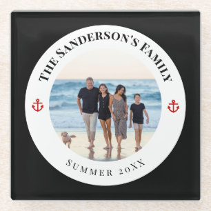 Aangepaste familiefoto in zwarte cirkel rode anker glazen onderzetter