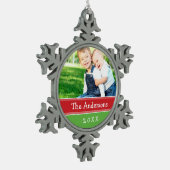 Aangepaste familiefoto-keepaardfeestdag tin sneeuwvlok ornament (Links)