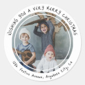 Aangepaste Familiefoto Kerstretouradres Ronde Sticker (Voorkant)