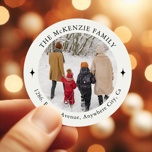 Aangepaste Familiefoto Kerstretouradres Ronde Sticker